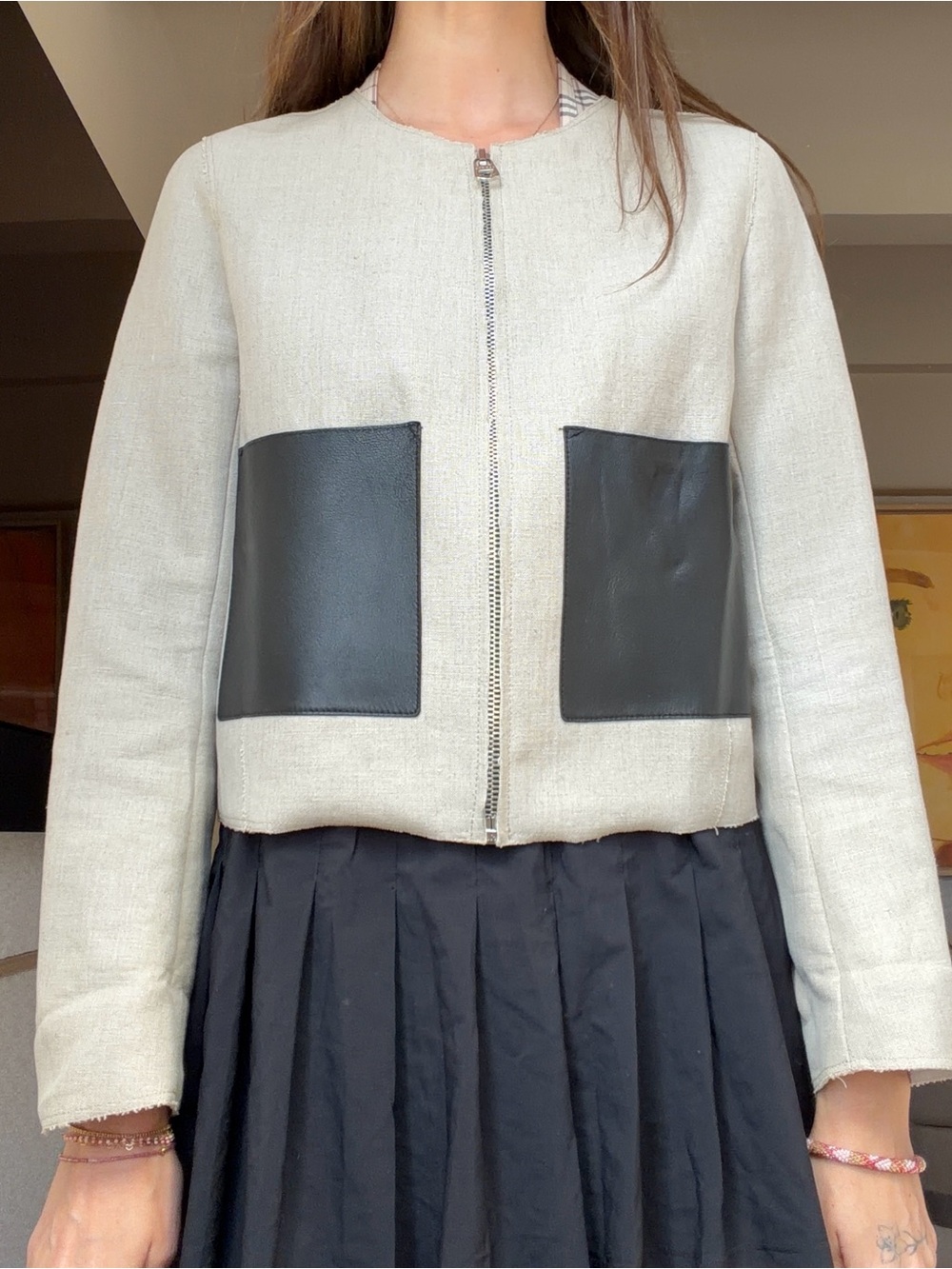 Sandro Cream Zip Jacket with Black Patch Pockets